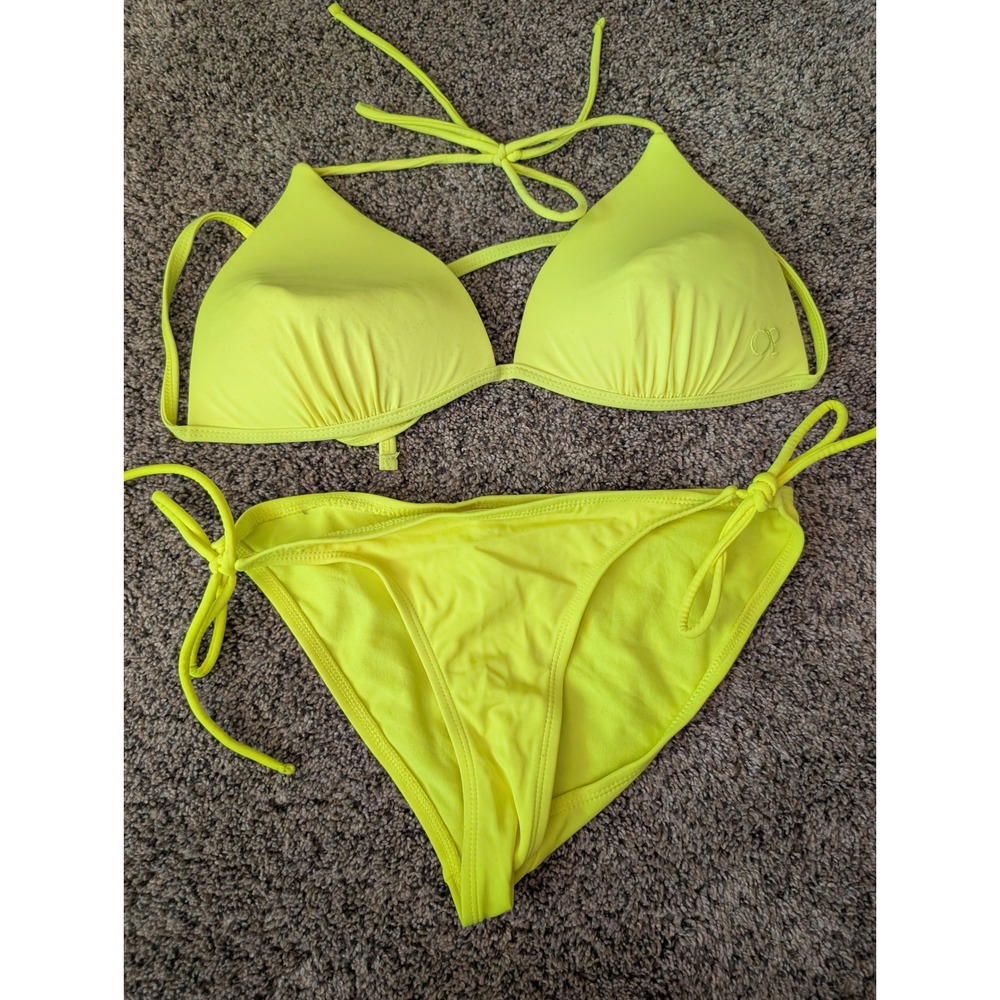 OP‎ Ocean Pacific Neon Acid Yellow Triangle Bikini Set Large Top Medium Bottom